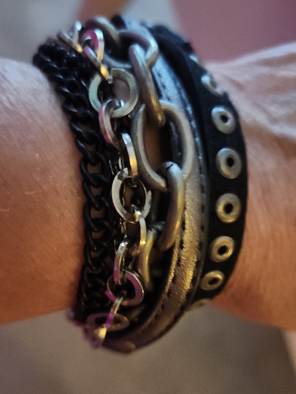 Fossil Multi-Chain Silver Leather Snap Bracelet with Silver/Blk Hardware